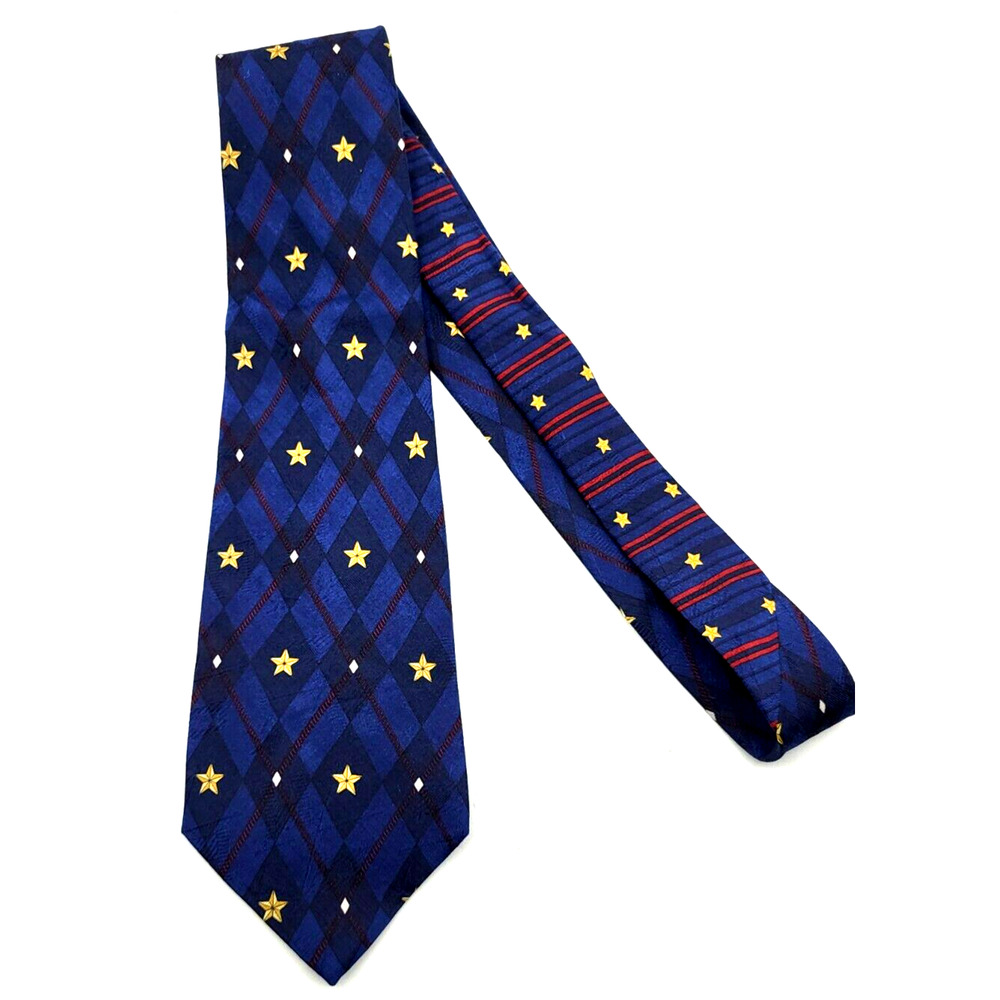 Tommy Hilfiger Silk Tie Patriotic Blue Yellow Stars Red Bars Made in USA 58"